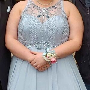 Faviana Sky Blue Gown with Metallic Details